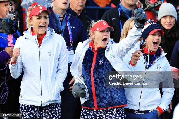 Lexi Thompson , Jessica Korda of Team USA and Team USA captain Juli Inkster celebrate at the eighteenth hole during Day 1 of The Solheim Cup at...