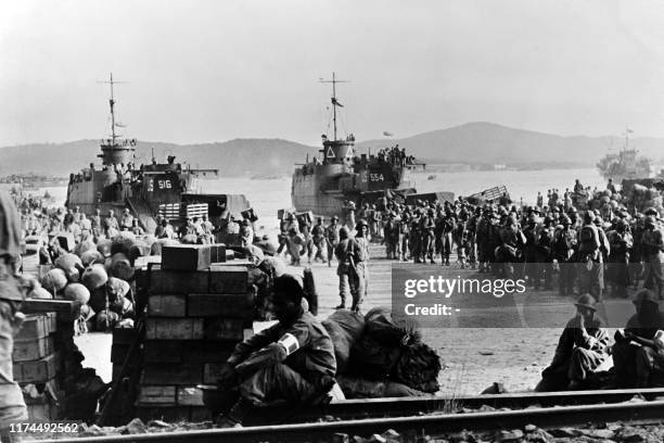 Picture taken on August 15, 1944 at Saint-Tropez showing Allied troops landing as part of the Second World War.