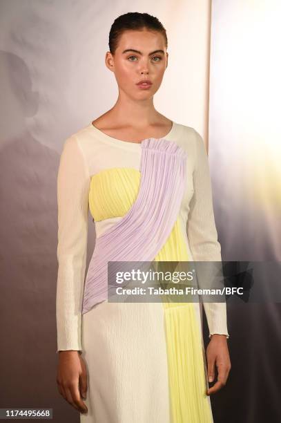 Model walks the runway at the Gayeon Lee show during London Fashion Week September 2019 at Foyles on September 13, 2019 in London, England.