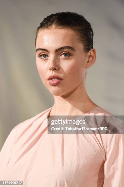 Model walks the runway at the Gayeon Lee show during London Fashion Week September 2019 at Foyles on September 13, 2019 in London, England.