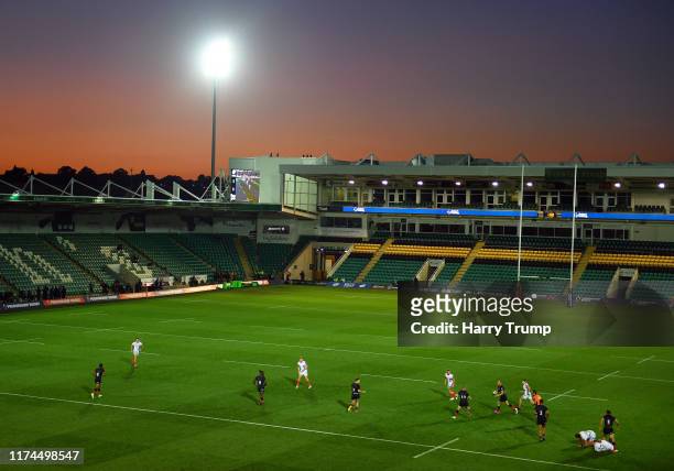 General view of play during the Premiership Rugby 7s Series match between Saracens and Sale Sharks at Franklin's Gardens on September 13, 2019 in...