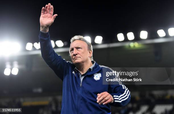 Neil Warnock manager of Cardiff acknowledges the crowd after the Sky Bet Championship match between Derby County and Cardiff City at Pride Park...