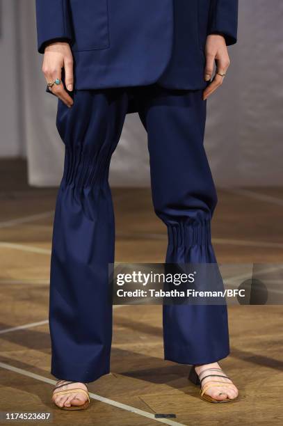 Model, shoe detail, walks the runway at the Gayeon Lee show during London Fashion Week September 2019 at Foyles on September 13, 2019 in London,...