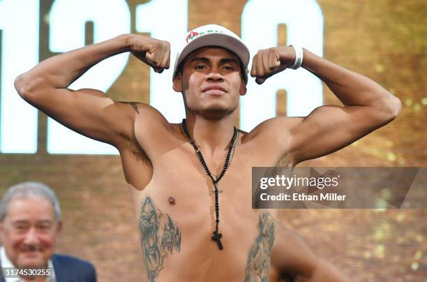 Super bantamweight champion Emanuel Navarrete poses during a ceremonial weigh-in at the KA Theatre at MGM Grand Hotel & Casino on September 13, 2019...