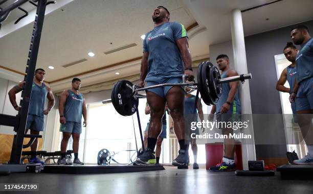 Taniela Tupou of Australia competes in a weights challenge during a gym session on September 14, 2019 in Odawara, Japan.