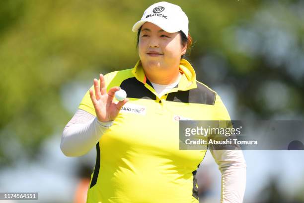 Shan-Shan Feng of China acknowledges the birdie on the 9th green during the third round of the 52nd LPGA Championship Konica Minolta Cup at the...
