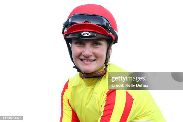 Jamie Kah celebrates after riding Gatting to win race 7 the Makybe Diva Stakes during Sofitel Girls' Day Out at Flemington Racecourse on September...