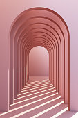Minimalistic, pastel arch hallway architectural corridor with empty wall. 3d render, minimal.