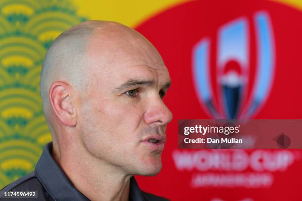 Nathan Grey, Defence Coach of Australia speaks to the media during a 2019 Rugby World Cup arrival press conference on September 14, 2019 in Odawara,...
