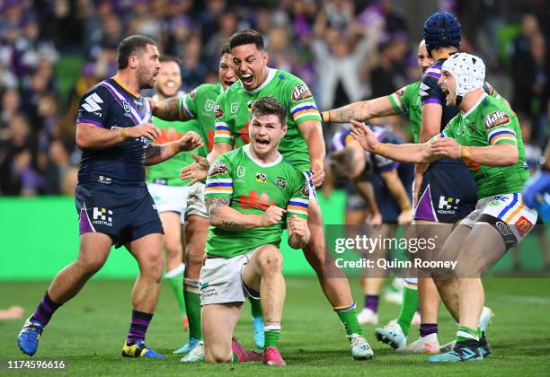 John Bateman of the Raiders scores a try during the NRL Qualifying Final match between the Melbourne Storm and the Canberra Raiders at AAMI Park on...