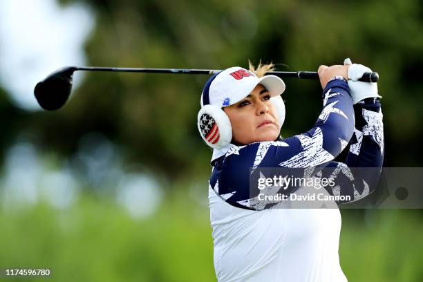 Lizette Salas of Team USA plays her shot from the second tee during Day 2 of the Solheim Cup at Gleneagles on September 14, 2019 in Auchterarder,...