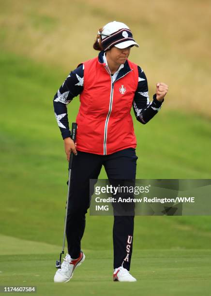 Marina Alex of Team USA reacts to a putt on the fifteenth green during Day 2 of the Solheim Cup at Gleneagles on September 14, 2019 in Auchterarder,...