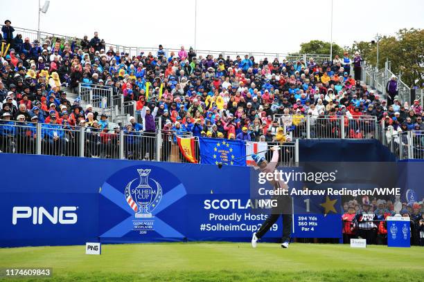 Anne Van Dam of Team Europe plays her shot from the first tee during Day 2 of the Solheim Cup at Gleneagles on September 14, 2019 in Auchterarder,...