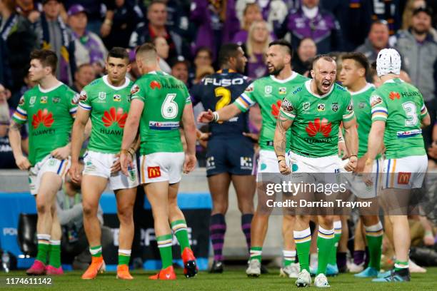 Josh Hodgson of the Raiders reacts as his team wins back the ball during the NRL Qualifying Final match between the Melbourne Storm and the Canberra...