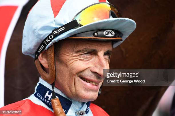 Jockey Gerald Mossesmiles after winning the Hird Rail Group Park Stakesduring St Leger Day at Doncaster Racecourse on September 14, 2019 in...