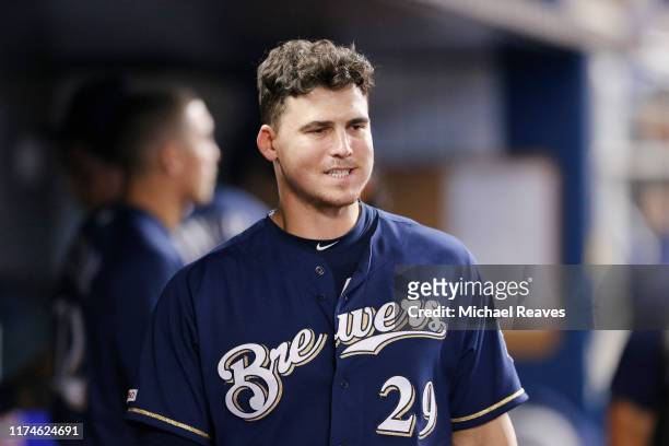 Tyler Austin of the Milwaukee Brewers looks on against the Miami Marlins at Marlins Park on September 11, 2019 in Miami, Florida.