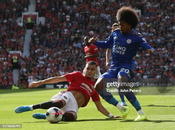 Andreas Pereira of Manchester United in action with Hamza Choudhury of Leicester City during the Premier League match between Manchester United and...
