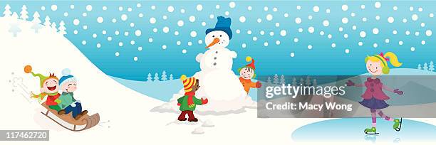 winter fun cute kids - tobogganing stock illustrations