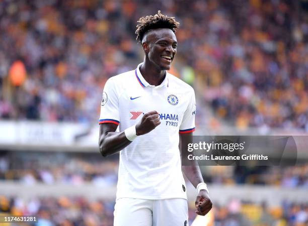 Tammy Abraham of Chelsea celebrates after scoring his team's third goal during the Premier League match between Wolverhampton Wanderers and Chelsea...