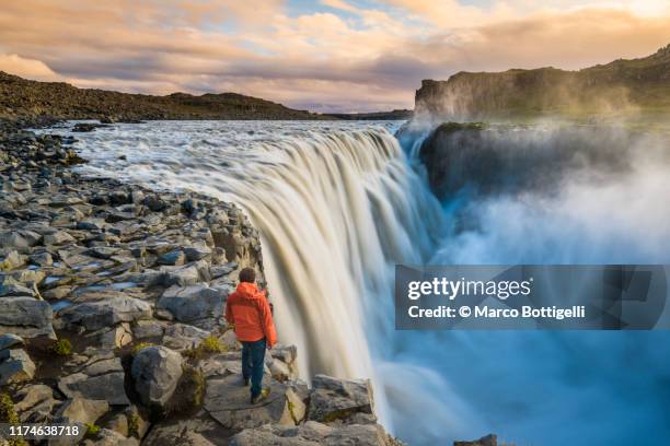 tourist admiring dettifoss waterfall at sunset, iceland - japan superb or breathtaking or beautiful or awsome or admire or picturesque or marvelous or glori stock-fotos und bilder