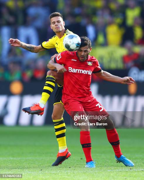 Kevin Volland of Bayer 04 Leverkusen and Julian Weigl of Borussia Dortmund battle for the ball during the Bundesliga match between Borussia Dortmund...