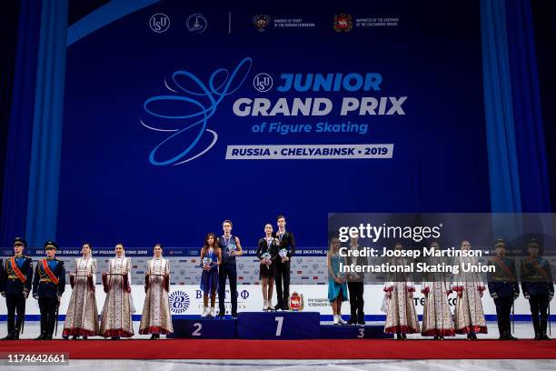 Diana Davis and Gleb Smolkin of Russia, Elizaveta Shanaeva and Devid Naryzhnyy of Russia, Nadiia Bashynska and Peter Beaumont of Canada pose in the...