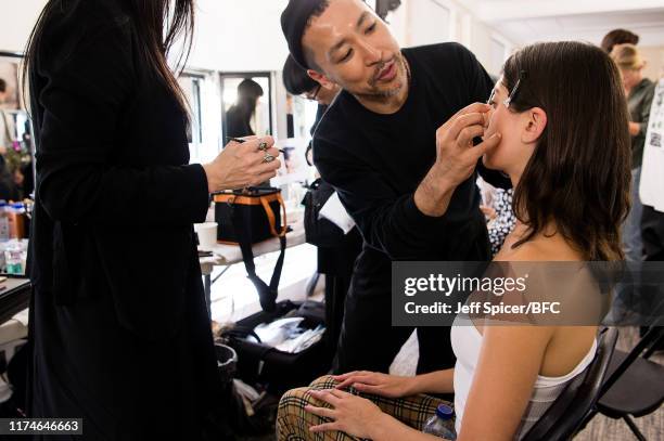 Model backstage ahead of the TOGA show during London Fashion Week September 2019 at RIBA on September 14, 2019 in London, England.