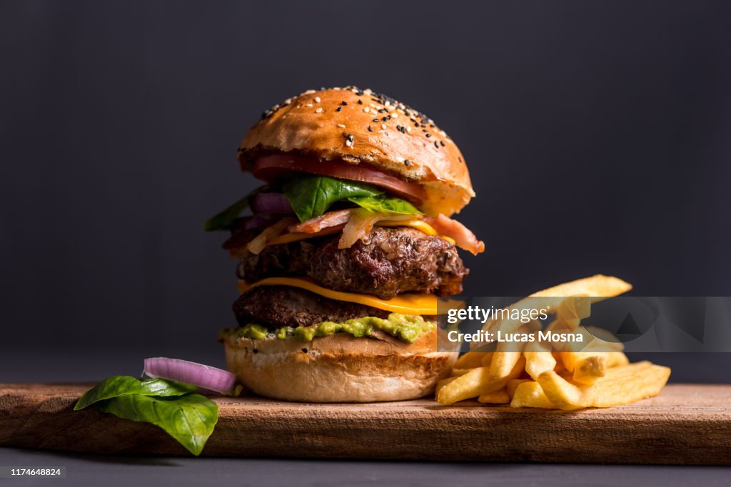 Big cheese burger with fries