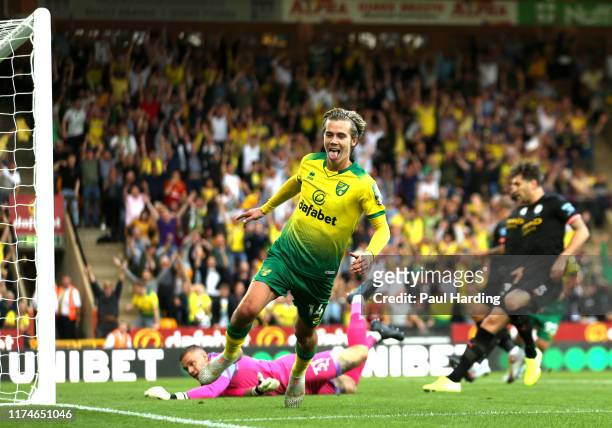 Todd Cantwell of Norwich City celebrates after scoring his team's second goal during the Premier League match between Norwich City and Manchester...