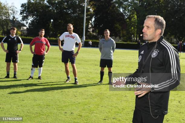 Manuel Baum, head coach of Germany U20 leads a training session during the DFB-Elite-Youth-Coach-Workshop at SportCentrum Kaiserau on September 14,...