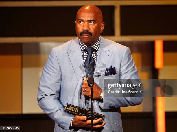 Actor Steve Harvey speaks onstage at the BET Awards '11 held at The Shrine Auditorium on June 26, 2011 in Los Angeles, California.