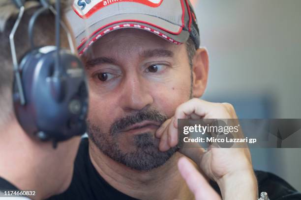 Max Biaggi of Italy looks on in box during the MotoGp of San Marino - Qualifying at Misano World Circuit on September 14, 2019 in Misano Adriatico,...