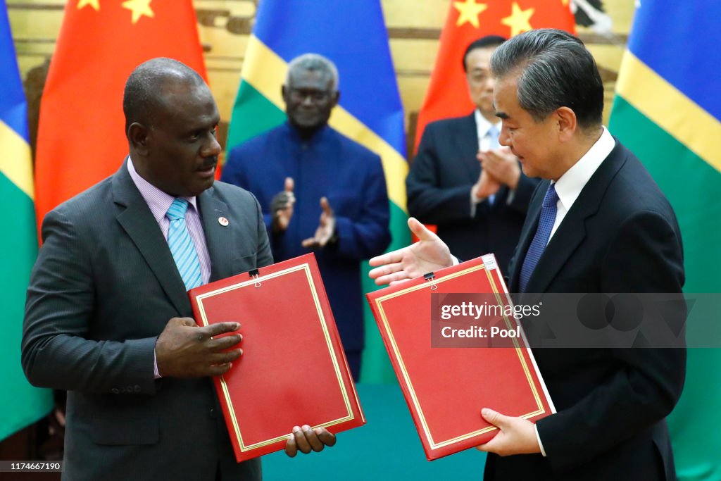 Solomon Islands Prime Minister Manasseh Sogavare attends a meeting with Chinese Premier Li Keqiang