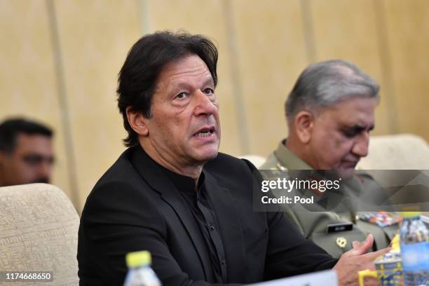 Prime Minister Imran Khan of Pakistan meets with Chinese President Xi Jinping at the Diaoyutai State Guesthouse on October 9, 2019 in Beijing, China.