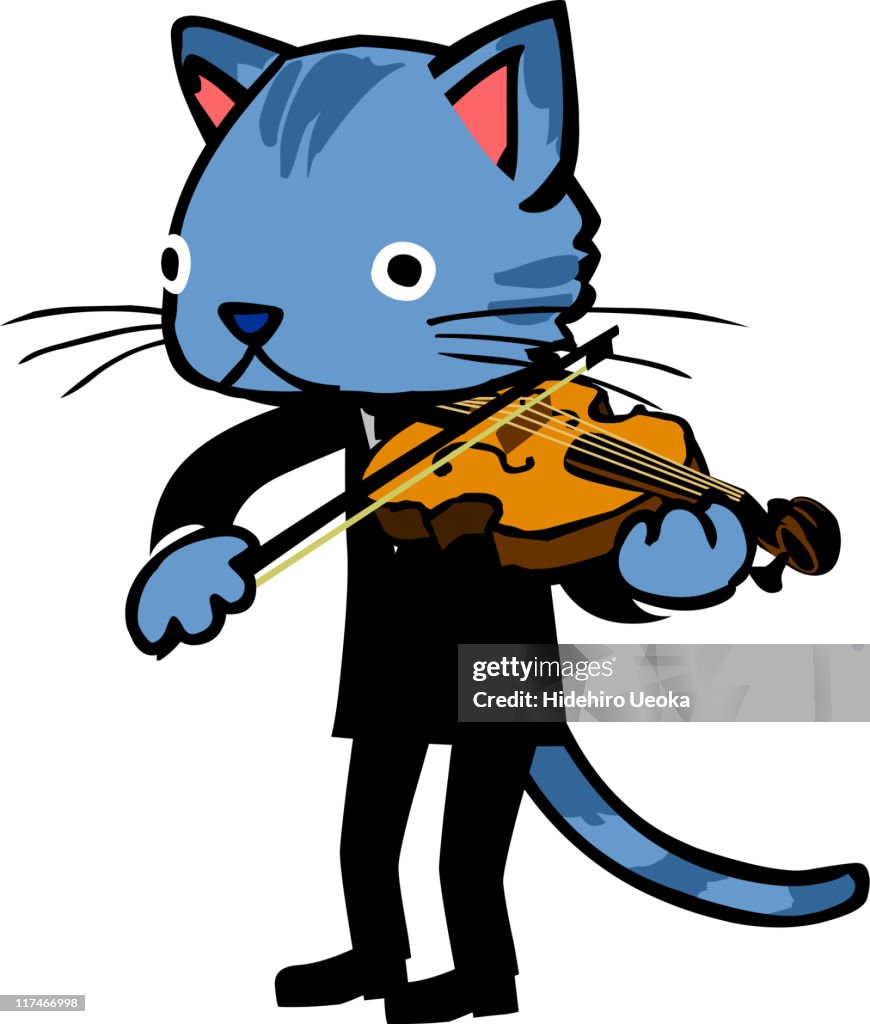 Illustration of a blue cat playing the violin