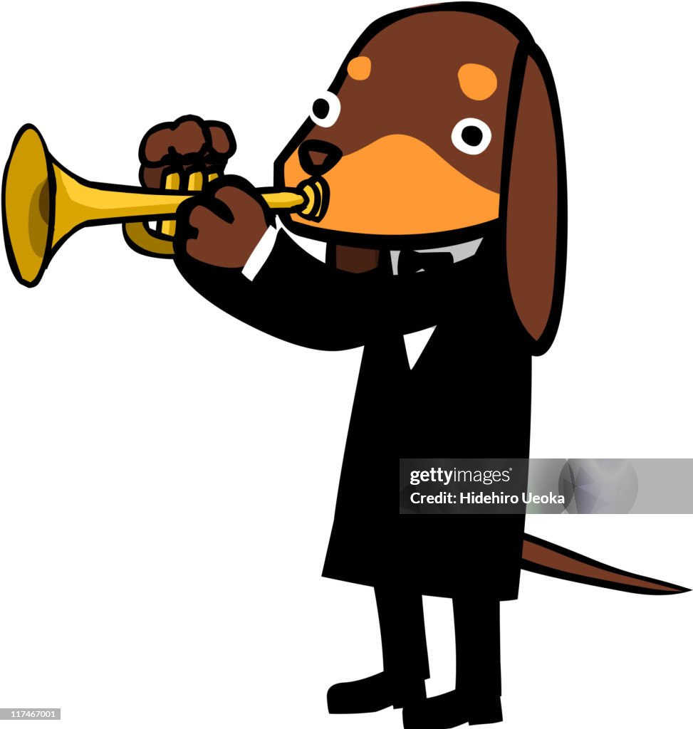 Illustration of a dog playing the trumpet