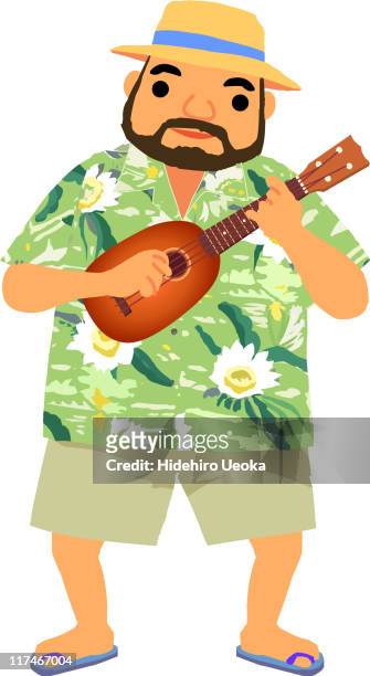 illustration of a man playing the ukulele - hawaiian shirt stock illustrations