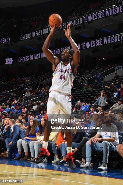 Andrew Nicholson of the Guangzhou Long Lions shoots the ball against the Philadelphia 76ers during a pre-season game on October 8, 2019 at the Wells...