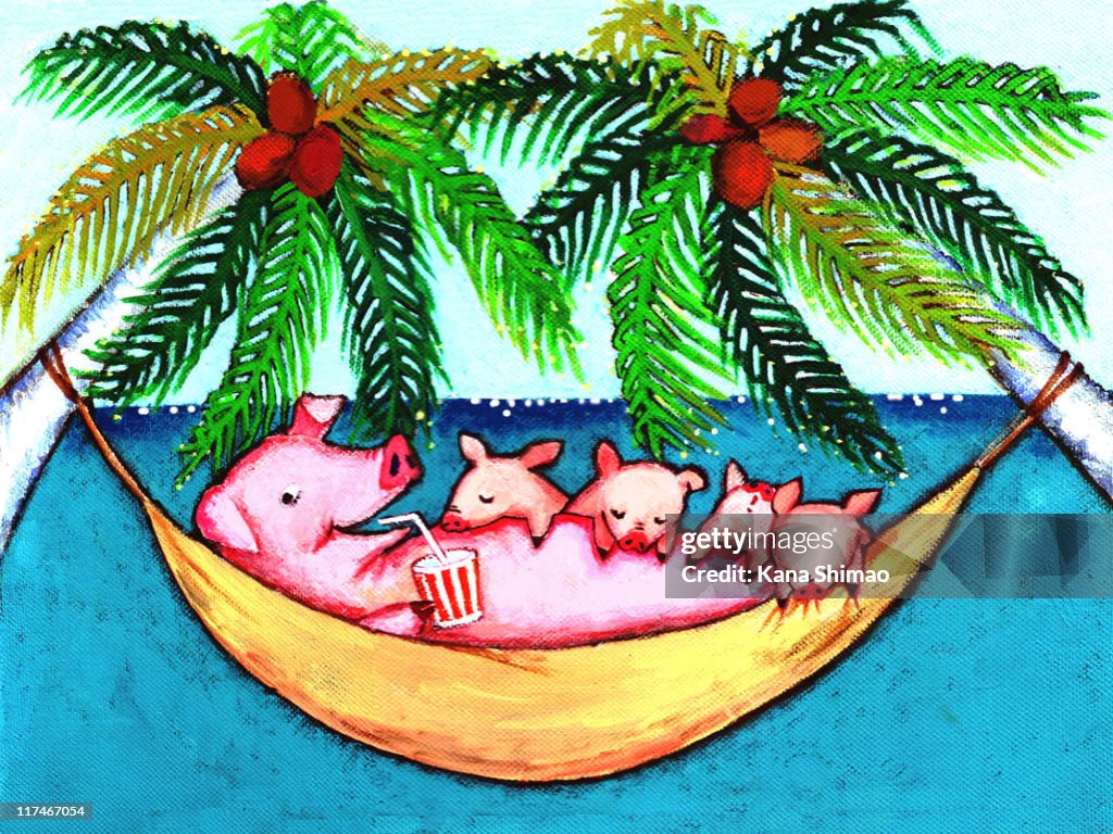 Illustration of a pig and piglets resting in a hammock