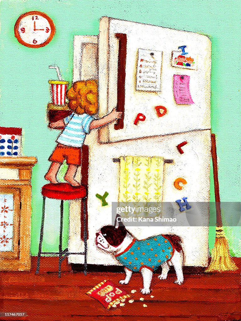 Illustration of a boy standing on a stool to get snacks from a freezer