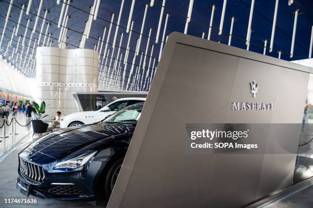 Italian luxury vehicle manufacturer, Maserati store and logo seen in Shanghai Pudong International Airport.