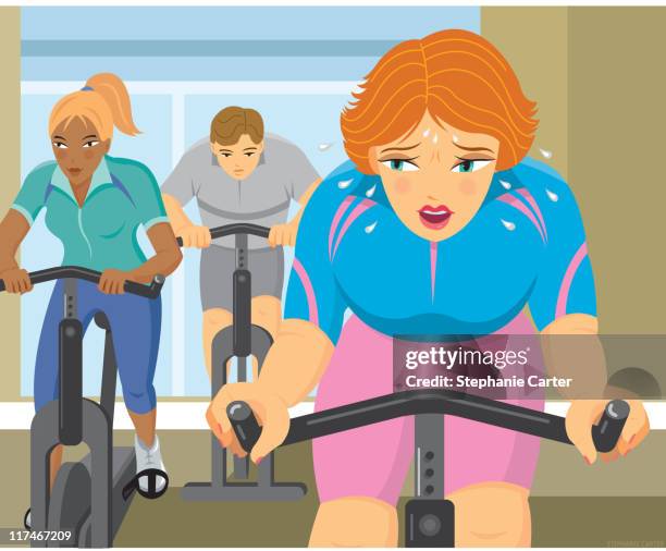 ilustrações de stock, clip art, desenhos animados e ícones de illustration of a woman in a cycling class - bicicleta ergométrica
