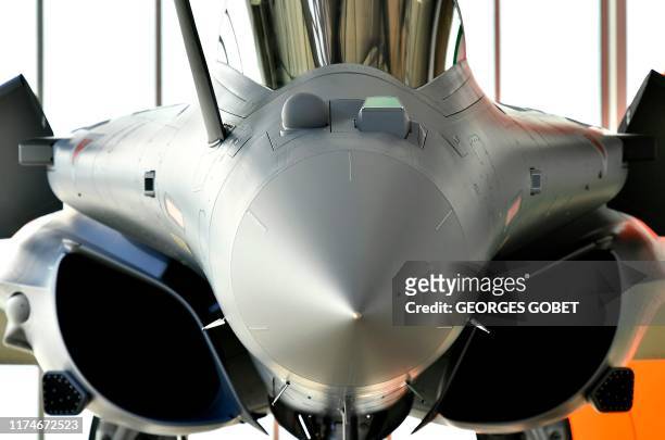 French made Rafale jet fighter is exhibited in the workshops of Dassault-Aviation in Merignac near Bordeaux on October 8, 2019 during the delivery...
