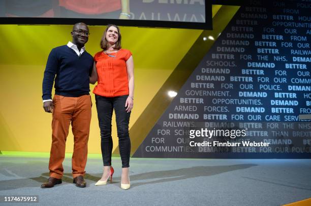 Former Conservative MP Sam Gyimah joins the Liberal Democrat leader Jo Swinson on stage at the Liberal Democrat Party Conference at the Bournemouth...