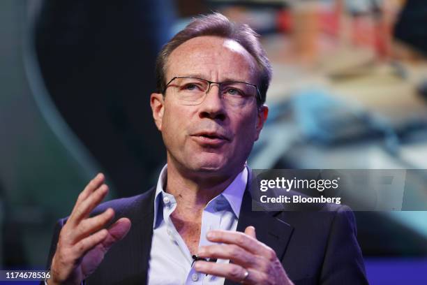 Philip Jansen, chief executive officer of BT Group Plc, gestures while speaking during a news conference in London, U.K., on Wednesday, Oct. 9, 2019....