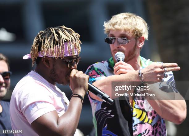 Olajide William Olatunji aka KSI and Logan Paul onstage at the KSI VS. Logan Paul 2 - launch press conference held at Gilbert Lindsey Plaza on...