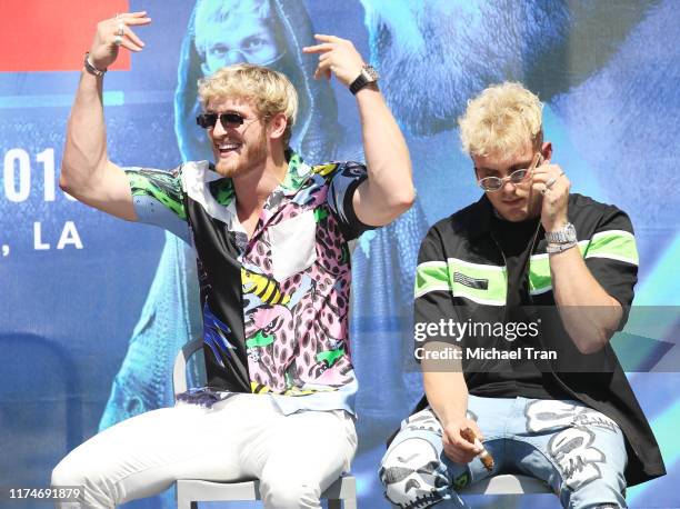 Logan Paul and Jake Paul onstage at the KSI VS. Logan Paul 2 - launch press conference held at Gilbert Lindsey Plaza on September 14, 2019 in Los...