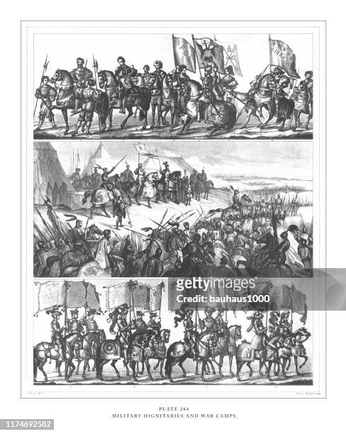 illustrazioni stock, clip art, cartoni animati e icone di tendenza di dignitari militari e campi di guerra incisione illustrazione antica, pubblicato nel 1851 - marciare