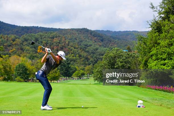 Joaquin Niemann of Chile plays his shot from the first tee during the third round of A Military Tribute At The Greenbrier held at the Old White TPC...