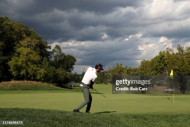 Sam Ryder of the United States chips to the 13th green during the third round of A Military Tribute at The Greenbrier held at the Old White TPC...